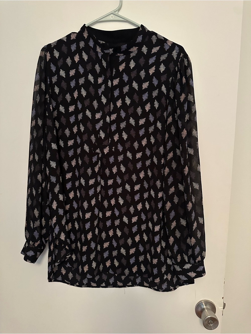 Anne Klein Black Blouse with Cream and Light Blue Leaf Print